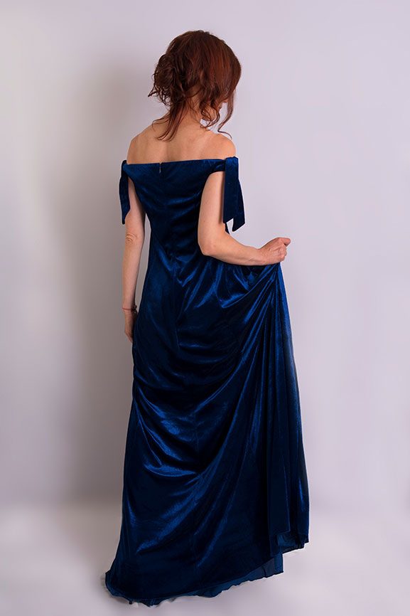 Navy velvet gown, draped back